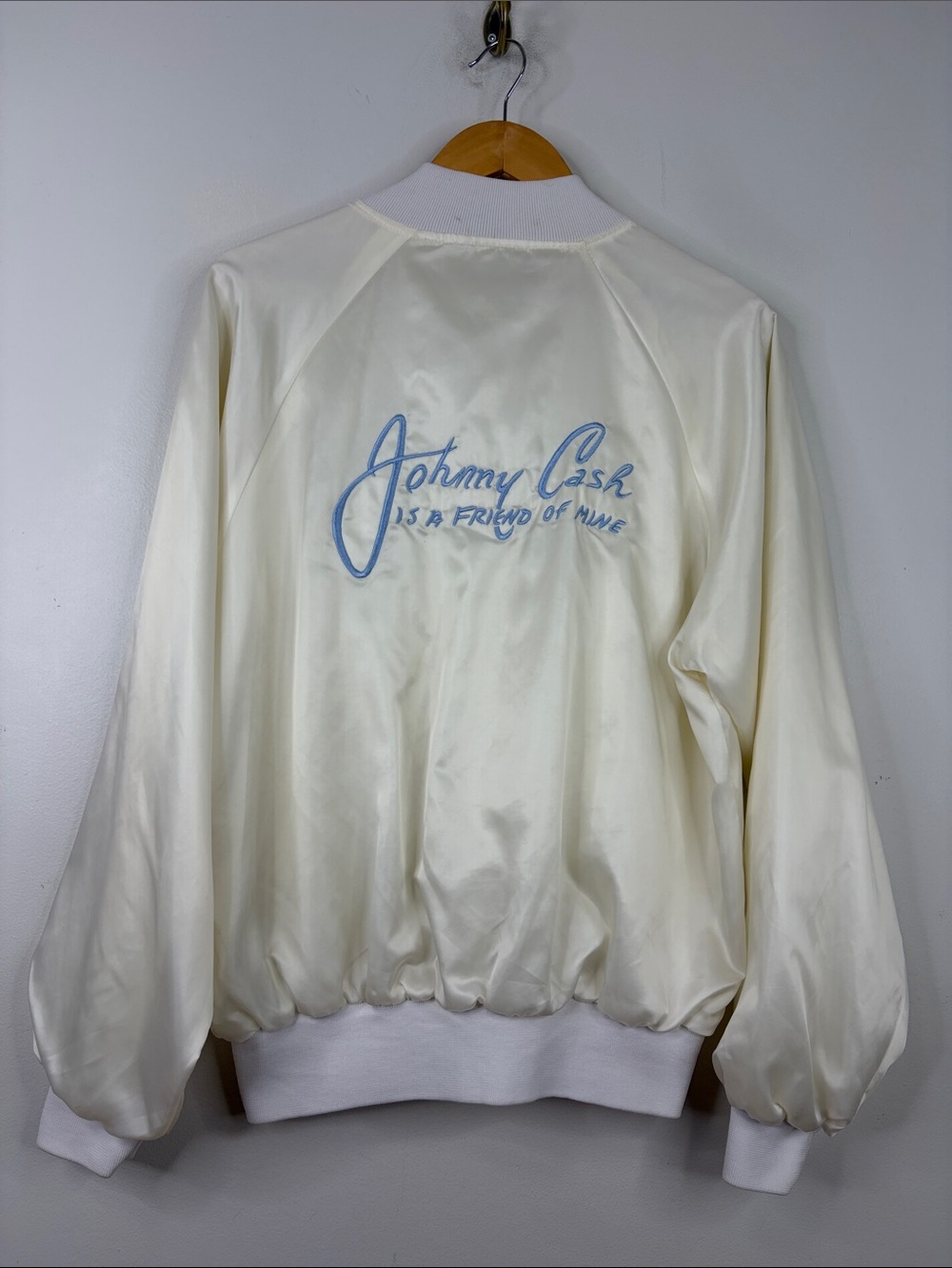 Vintage Johnny Cash Jacket Mens Large Off White Cream Satin Bomber Retro USA